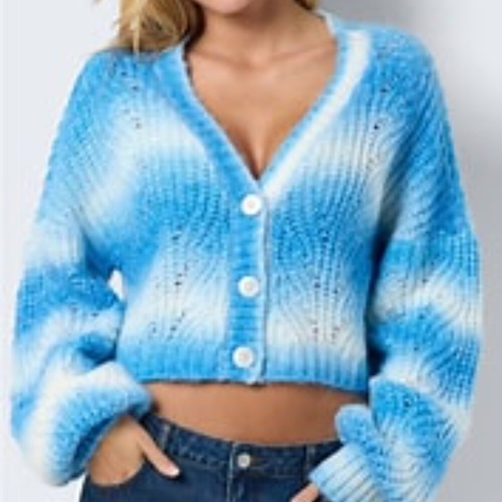 Noisy may Kris V-Neck Crop Cardigan Blue and White Women's Sweater Size XL NWT
